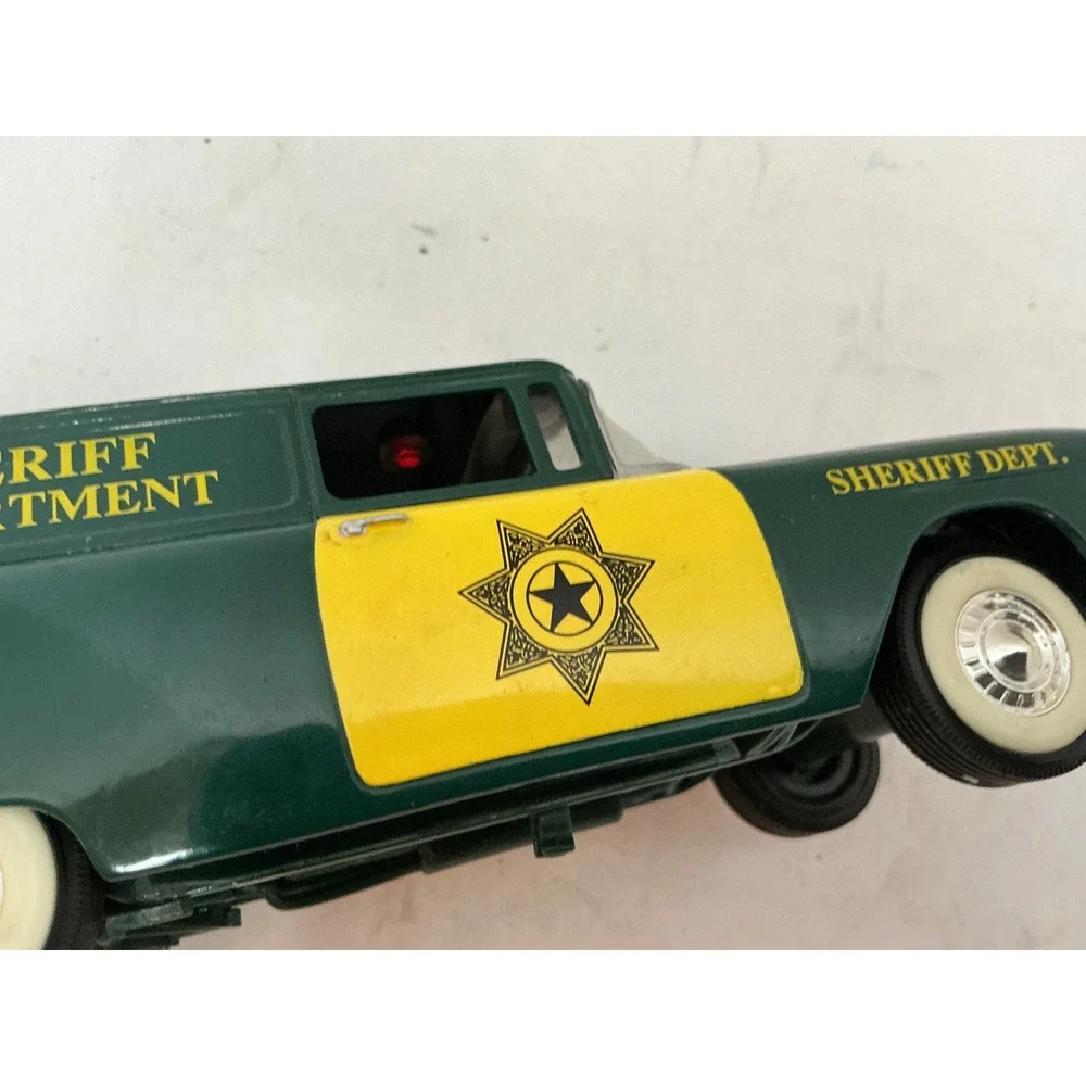 Vintage Sheriff Department Patrol Wagon Green Yellow 7.5 Inch Toy Car